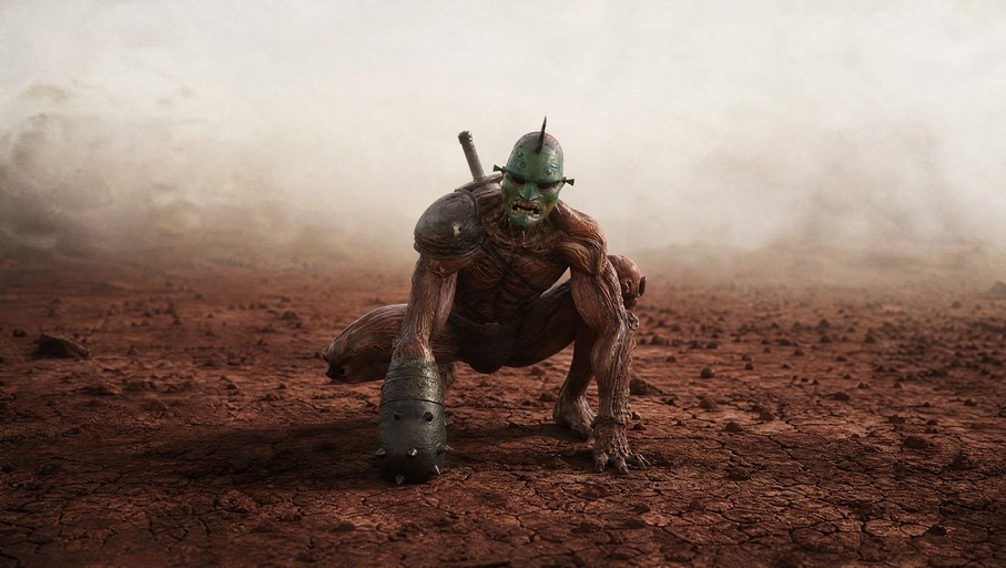 A muscular fantasy creature wearing a green horned mask and armor crouches in a dusty wasteland holding a large spiked club.