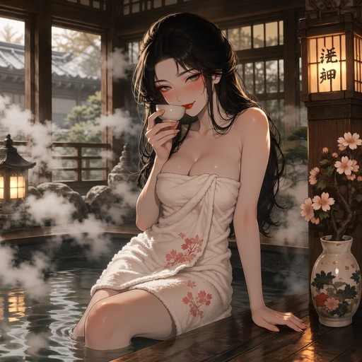 Anime-style woman with long black hair wrapped in a white floral towel sipping from a small cup while relaxing in a steaming traditional Japanese hot spring bath.