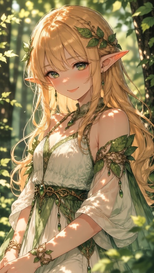 An anime-style illustration of a smiling blonde elf girl with pointed ears and green eyes, wearing a white dress with green leaf accents and jewelry, standing in a sunlit forest.