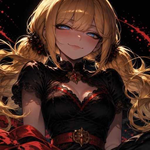 A blonde anime girl with blue eyes and low twintails smiles while wearing a black dress with lace trim, a chest cutout, and a wide red belt with a gold buckle. The background is dark with red splatter effects.