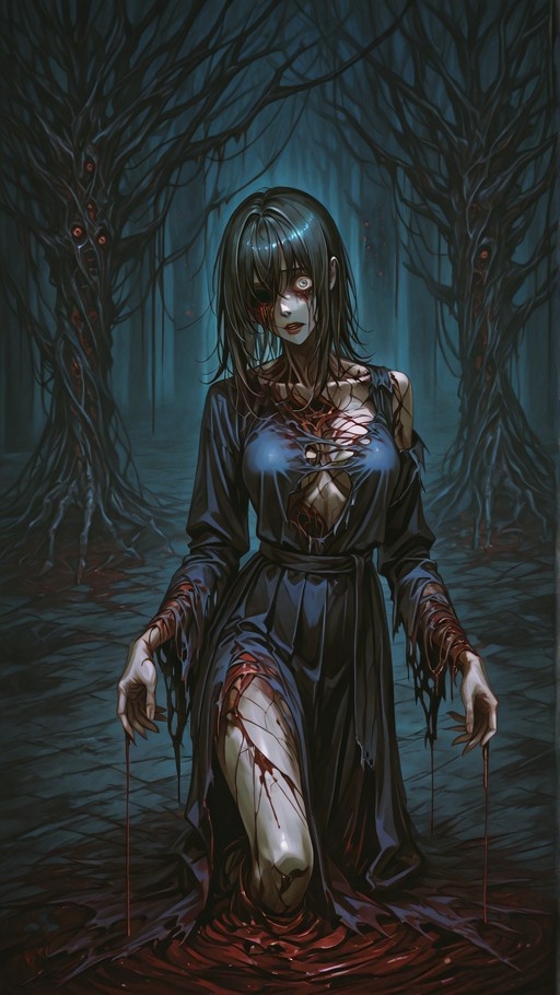 A pale anime girl with long black hair and a torn black dress stands in a pool of blood, dripping from her hands, while trees with glowing red eyes watch from the dark forest background.