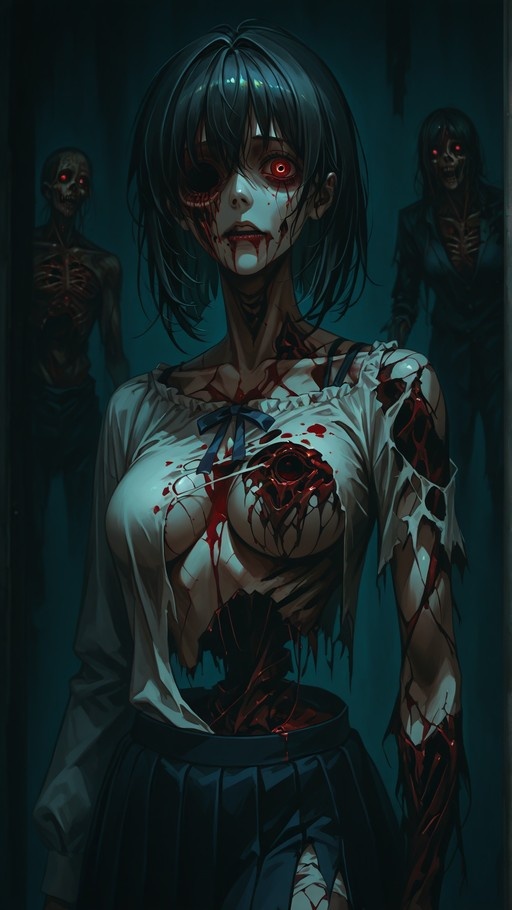 A bloody anime-style zombie girl with a glowing red eye and a large chest wound stands in front of two skeletal figures.