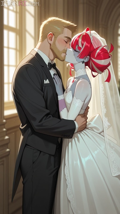 Kureiji Ollie in a white wedding dress and veil kissing a blonde man in a black tuxedo; she has red hair, stitches on her face, and grey skin.
