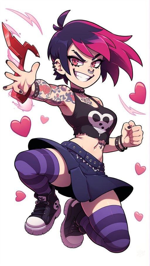Anime-style illustration of Jinx from League of Legends holding a red rocket launcher with pink hearts floating around.