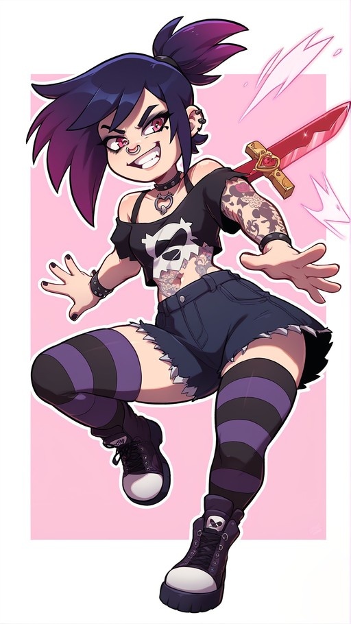 A punk-styled anime girl with purple hair and pink eyes jumps forward holding a red sword, wearing a skull crop top and striped socks.