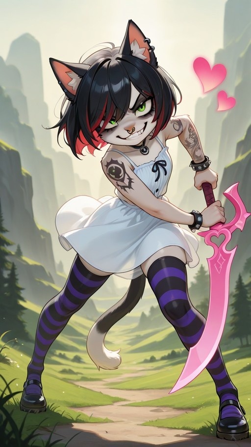 A smiling anthropomorphic cat girl with black and red hair holds a large pink heart-shaped sword while standing on a grassy mountain path.