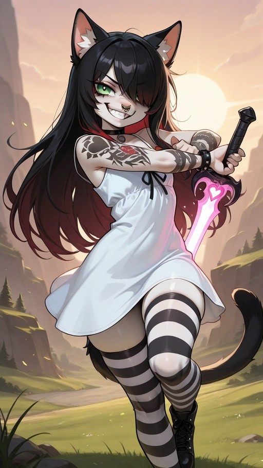 Smiling cat girl with black hair and green eyes holding a glowing pink sword in a grassy field.