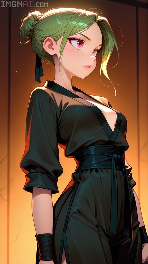 Guo Fu from One Piece with green hair in a high bun and red eyes wearing a dark green martial arts outfit.