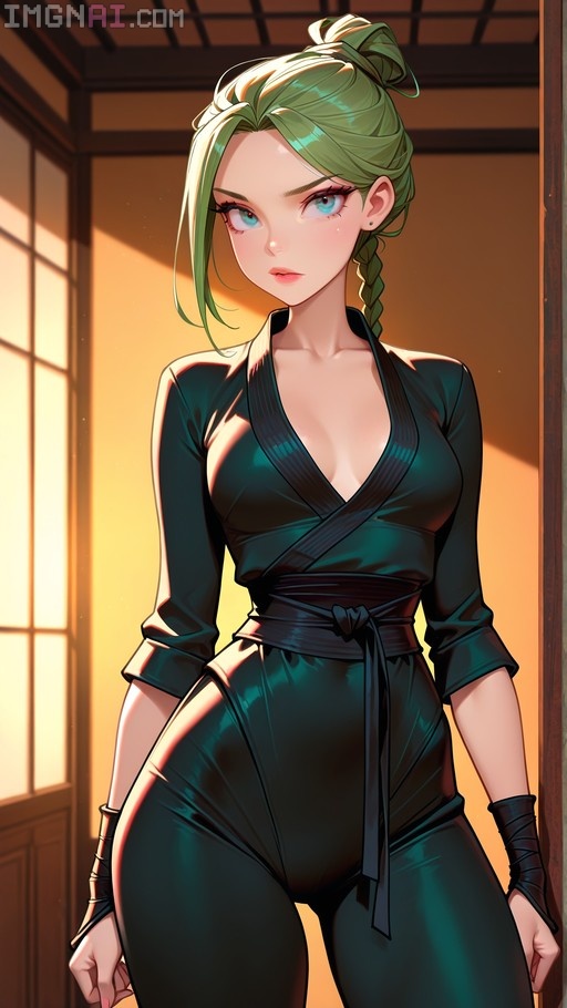 A young woman with green hair in a high bun and braid stands indoors wearing a tight dark green martial arts outfit. She has blue eyes and looks directly at the viewer against a background of wooden sliding doors.