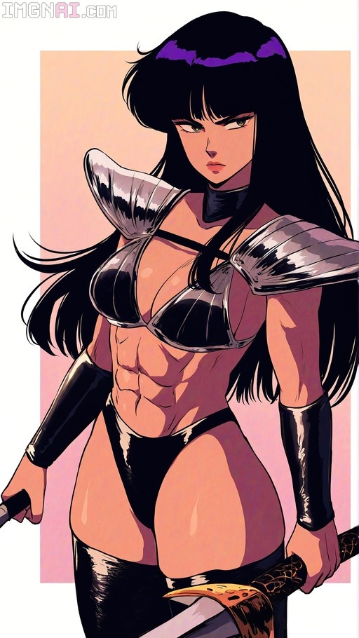 A muscular woman with long black hair and blunt bangs wearing silver bikini armor and holding a sword in a 1980s retro art style.
