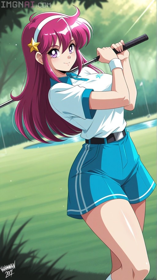 Asamiya Athena from Yo-kai Watch holding a golf club on a green course