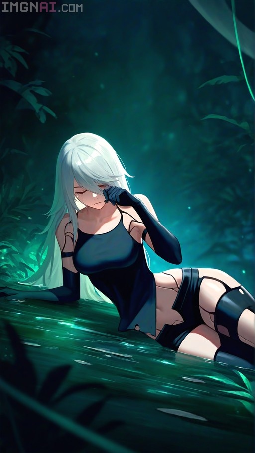 A2 from Nier: Automata lying in a jungle creek wiping away tears.