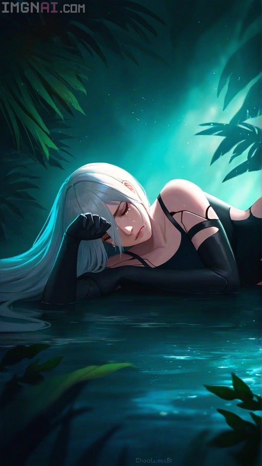 A2 from Nier: Automata lying in water crying