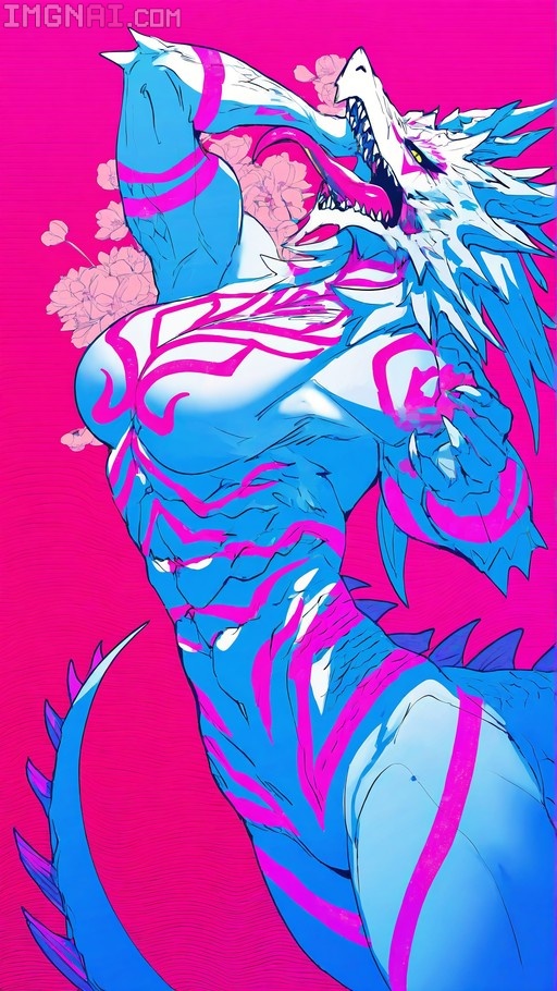 A muscular blue-skinned dragon girl with pink markings looks back over her shoulder, displaying sharp teeth and a long tongue against a pink floral background.