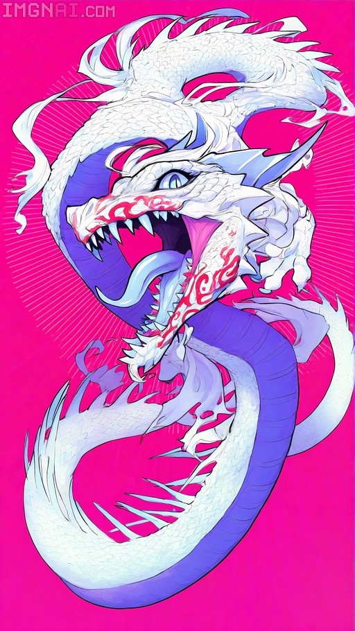 A full-body digital illustration of a white dragon with purple scales and red facial tattoos, coiling against a bright pink background with its mouth open and tongue extended.