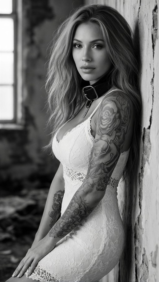 A black and white photograph of a woman with long wavy hair wearing a white lace dress and a thick black collar. She leans against a rough wall near a window, displaying a large floral tattoo on her left arm while gazing at the camera.