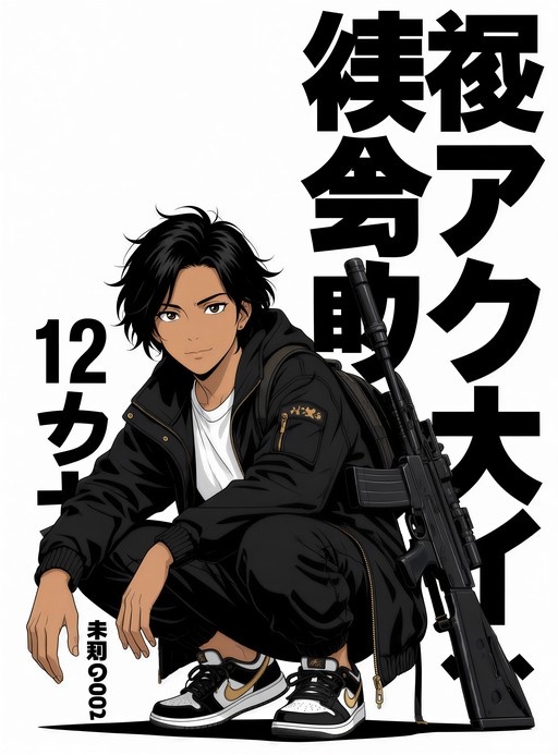 A dark-skinned anime boy with black hair squats holding a large assault rifle, wearing a black jacket and sneakers against a white background with Japanese text.
