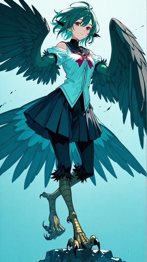 Full-body illustration of a harpy monster girl with teal hair, red eyes, wings, and bird legs wearing a school uniform.
