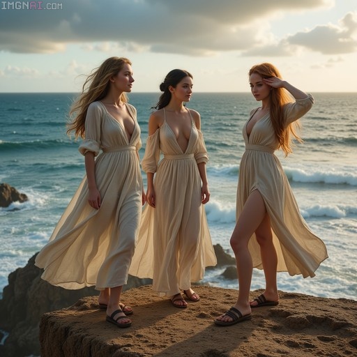 Three women in long beige dresses standing on a rock by the ocean.