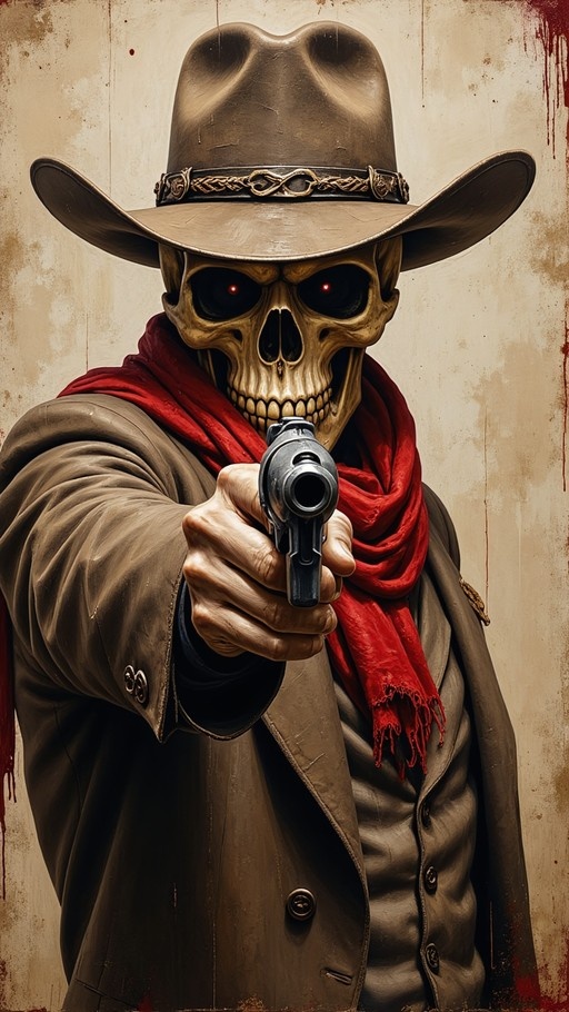 A skeletal cowboy with glowing red eyes and a red scarf points a revolver directly forward against a weathered wall.