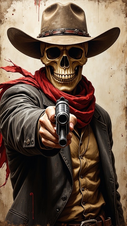 A realistic digital illustration of a skeleton cowboy wearing a brown hat and red scarf, pointing a handgun directly at the viewer against a dirty wall background.