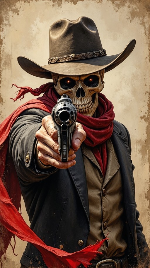 A skeleton in a cowboy hat and red scarf aiming a gun forward with glowing eyes.