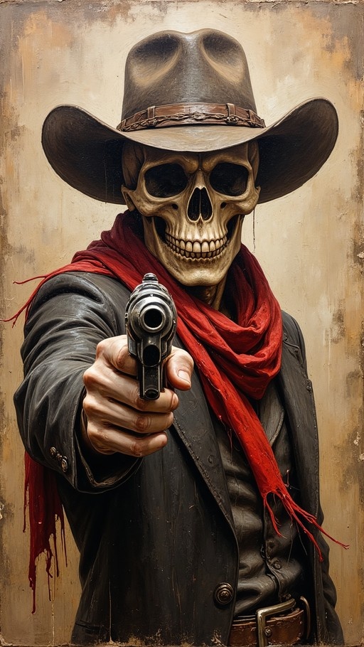 A skeletal cowboy in a black hat and red scarf points a revolver directly at the viewer.