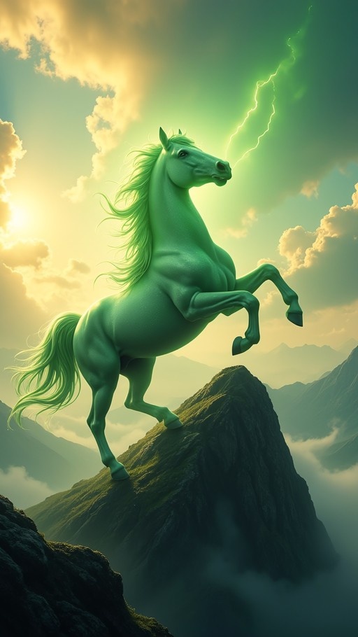 A luminous green horse rears up on a rocky mountain peak against a dramatic sky with golden clouds and green lightning.