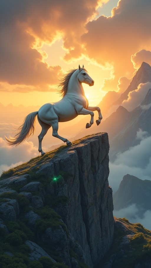 A majestic white horse rears up on the edge of a rocky cliff against a golden sunset sky with mountains in the background.