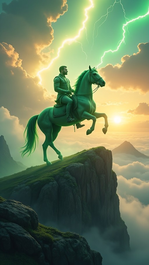 A bearded man rides a glowing green horse rearing on a rocky cliff edge above the clouds with yellow lightning in the sky.