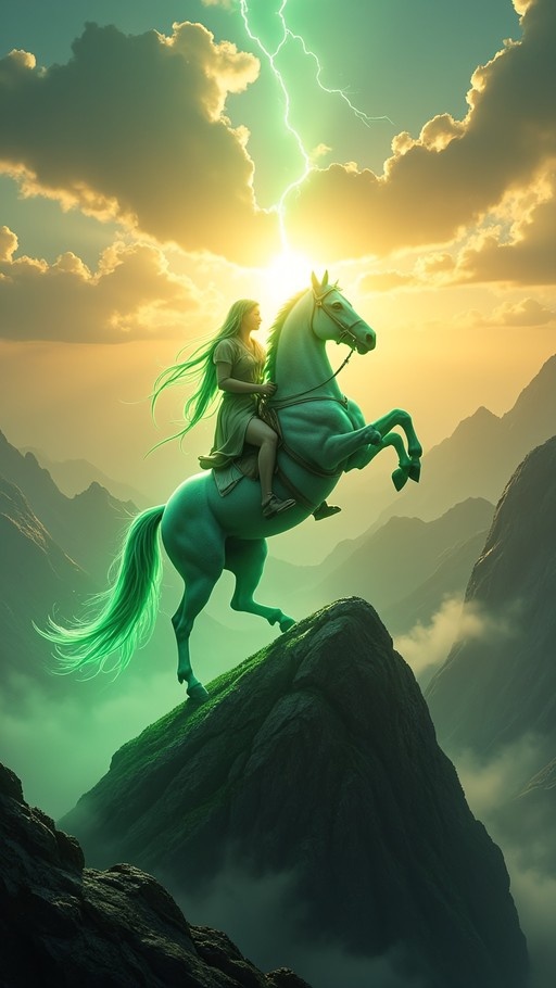 A woman with long green hair rides a glowing turquoise horse that is rearing up on the edge of a rocky cliff against a cloudy sky.