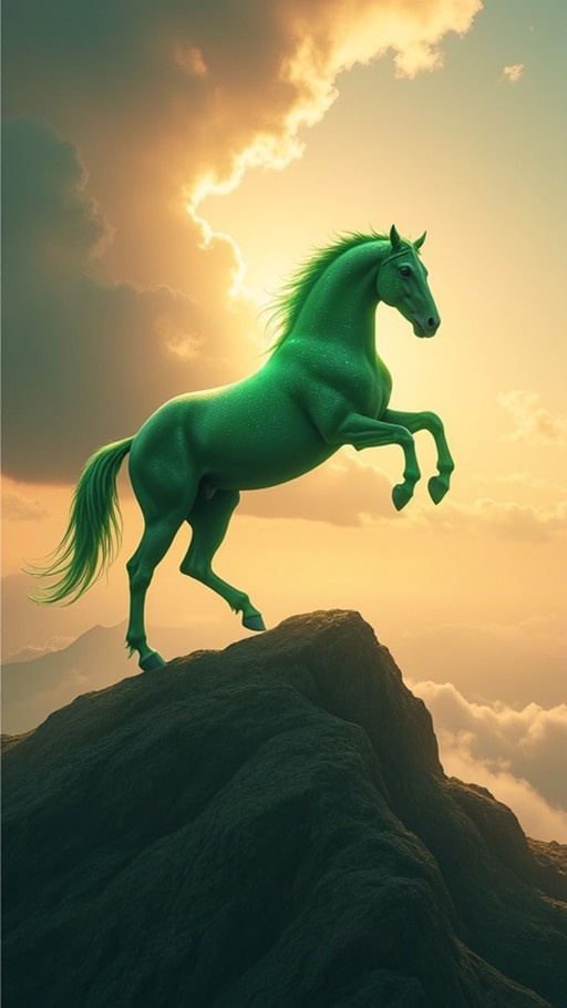 A green horse rearing up on a rocky mountain peak with a cloudy golden sky in the background