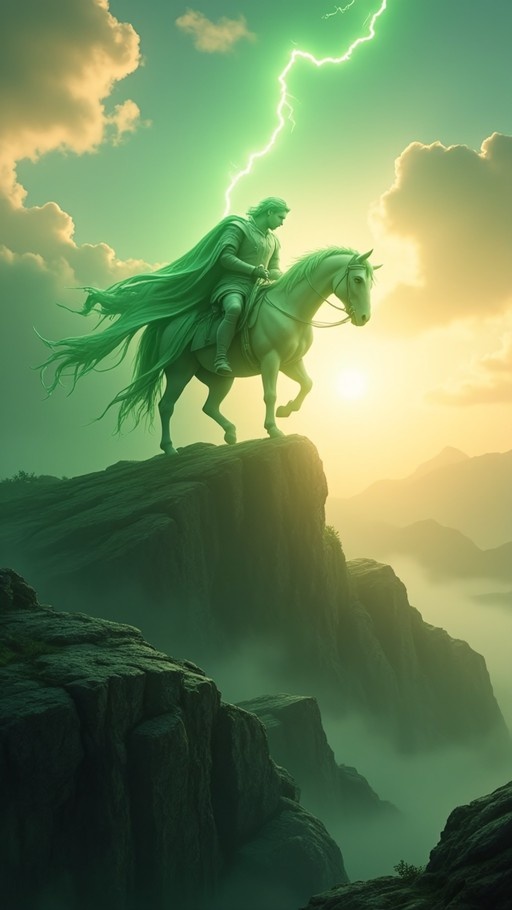 A fantasy illustration of a man with long hair and a flowing green cape riding a white horse along the edge of a steep cliff, illuminated by a bolt of green lightning in a cloudy sky.
