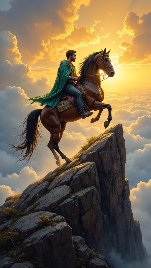 A bearded man in a green cape rides a brown horse rearing up on the edge of a rocky cliff above the clouds at sunset.