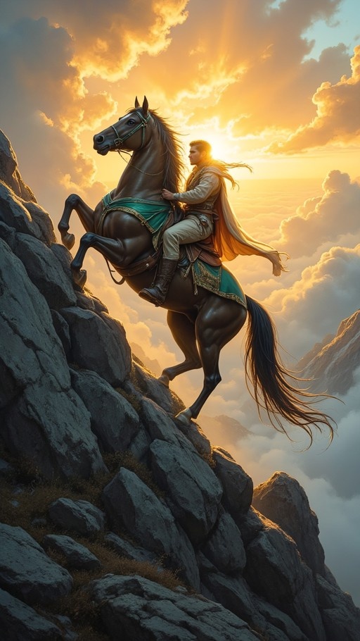 A man with flowing hair and a cape rides a dark horse rearing on its hind legs atop a rocky cliff, overlooking a sea of clouds under a bright golden sunset.