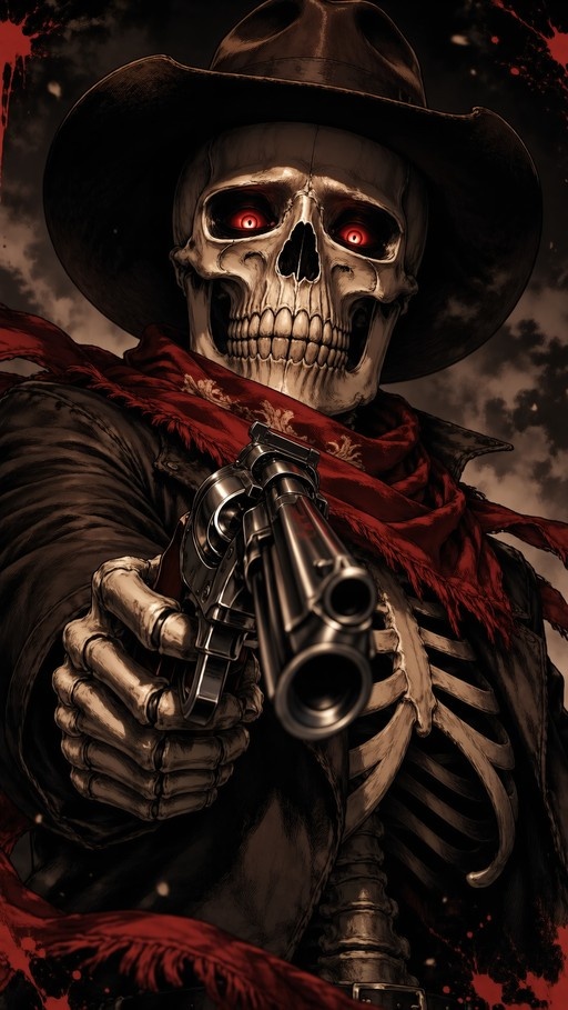 A skeletal figure wearing a black hat and red scarf aims a silver revolver directly at the viewer with glowing red eyes against a stormy sky.
