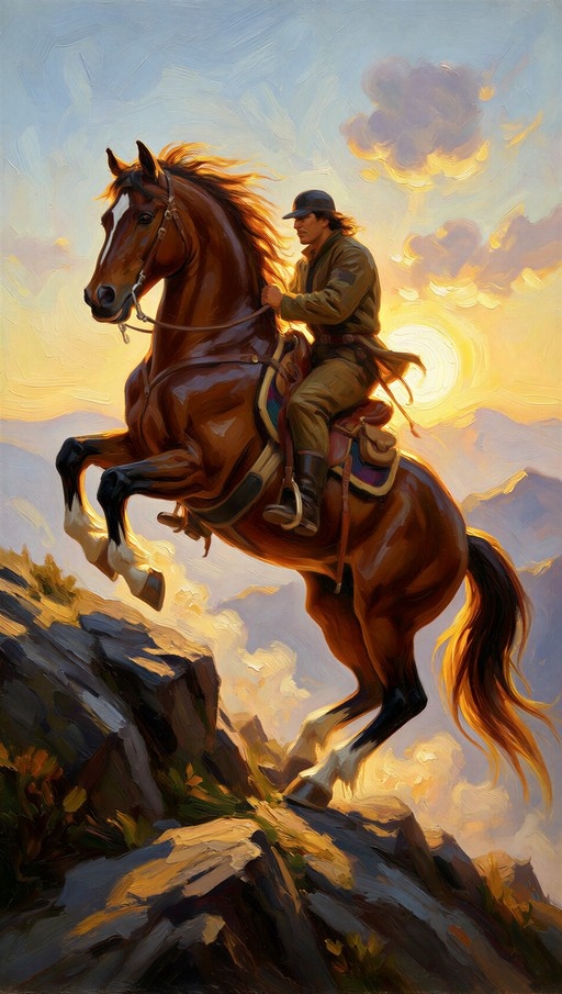 A digital painting of a man in a hat and jacket riding a brown horse that is rearing up on its hind legs on rocky ground against a bright sunset sky with clouds.