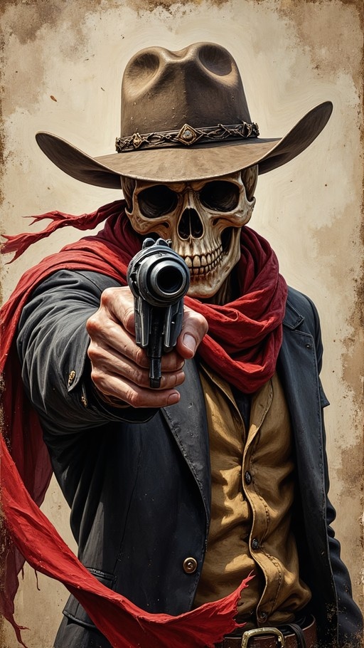 A realistic digital painting of a human skull wearing a brown cowboy hat and a tattered red scarf around its neck. The skeleton is dressed in a tan shirt and dark jacket, holding a black handgun pointed directly at the viewer with foreshortening.