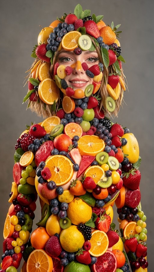 A smiling woman with her face and upper body covered in a dense arrangement of various fruits including oranges, kiwis, strawberries, and grapes.