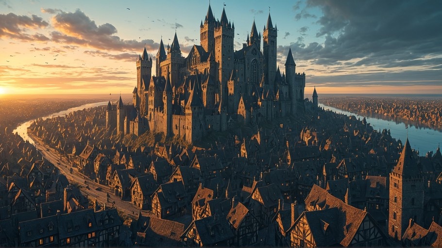 A majestic stone castle with tall spires overlooks a sprawling medieval town and a winding river during a golden sunset.