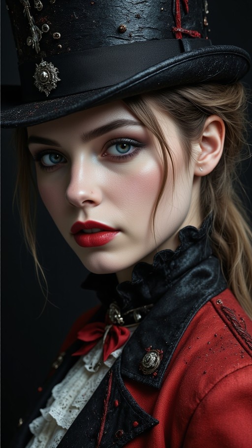 A close-up portrait of a woman with blue eyes and red lips wearing an ornate black top hat and a red jacket with black lapels against a dark background.