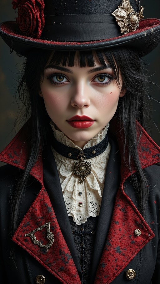 A close-up portrait of a pale woman with long black hair and bangs wearing a black top hat with a red rose, a white lace collar, and a black coat with red lining.