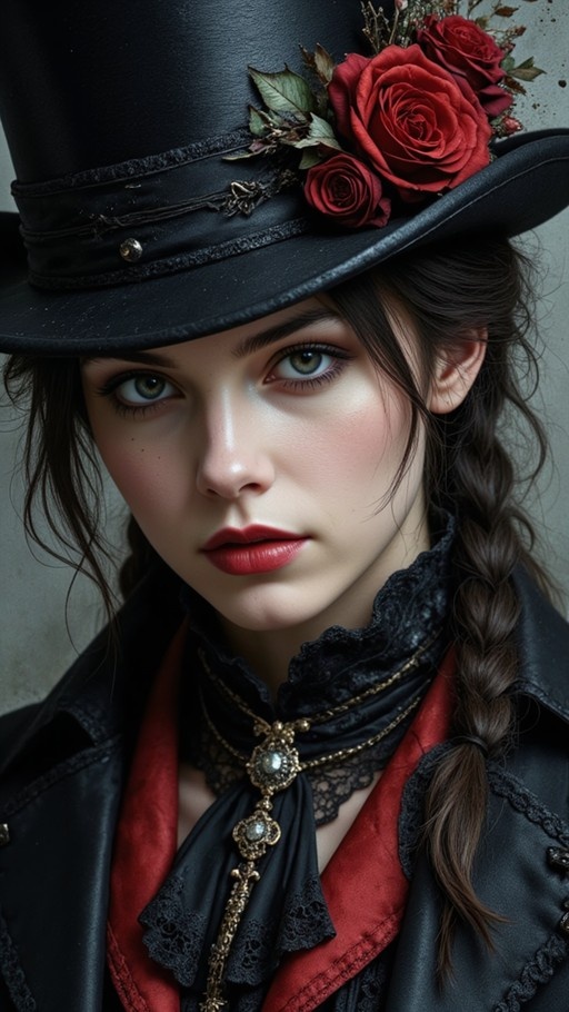 A realistic portrait of a young woman wearing a black top hat adorned with red roses and a black lace ascot.