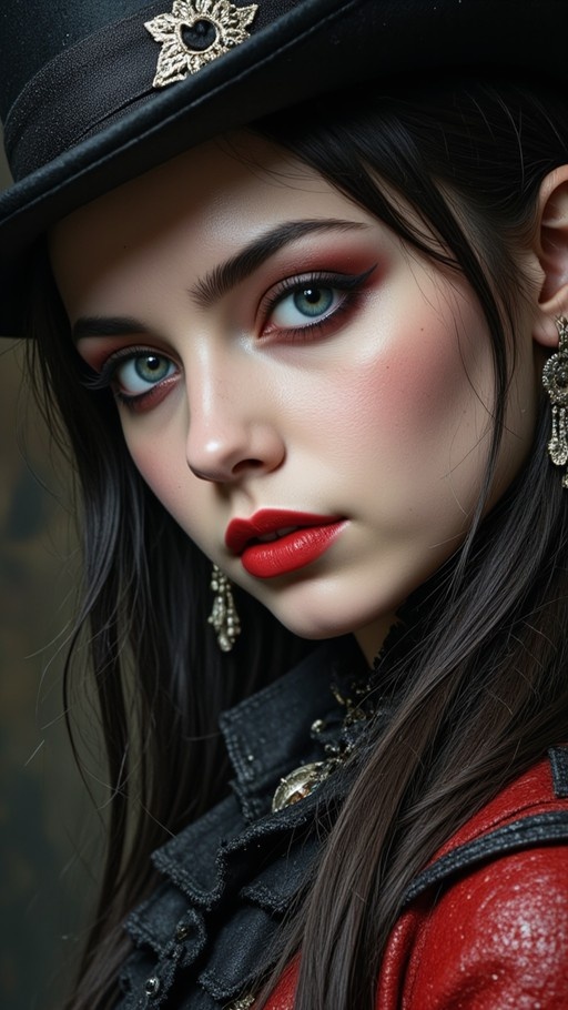 Close-up portrait of a young woman with long dark hair and striking green eyes, wearing bold red lipstick, dramatic eye makeup, dangling earrings, and a black hat with a gold star ornament.