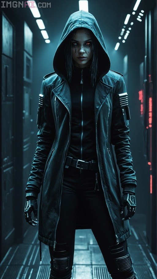 A female cyberpunk hacker with glowing red eyes and a hooded coat stands in a futuristic hallway.