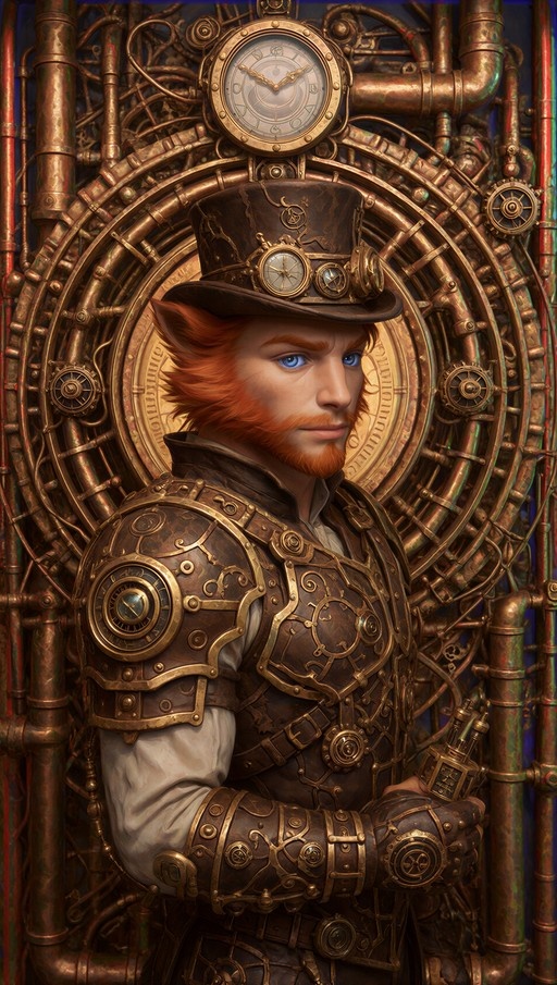 Steampunk character with red beard and animal ears wearing brass armor and a top hat in front of a clockwork background.