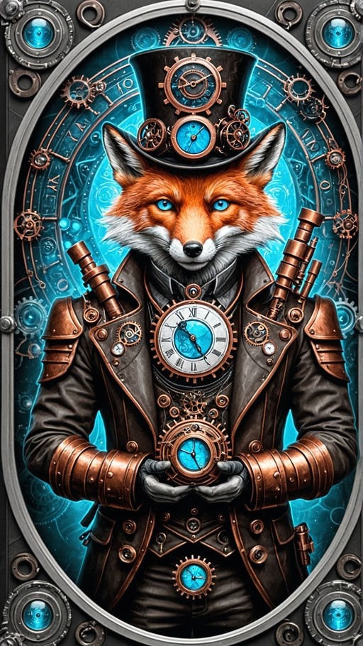 An anthropomorphic red fox with bright blue eyes wearing a black steampunk top hat adorned with gears and clocks, holding a pocket watch in front of a glowing blue background filled with mechanical details.