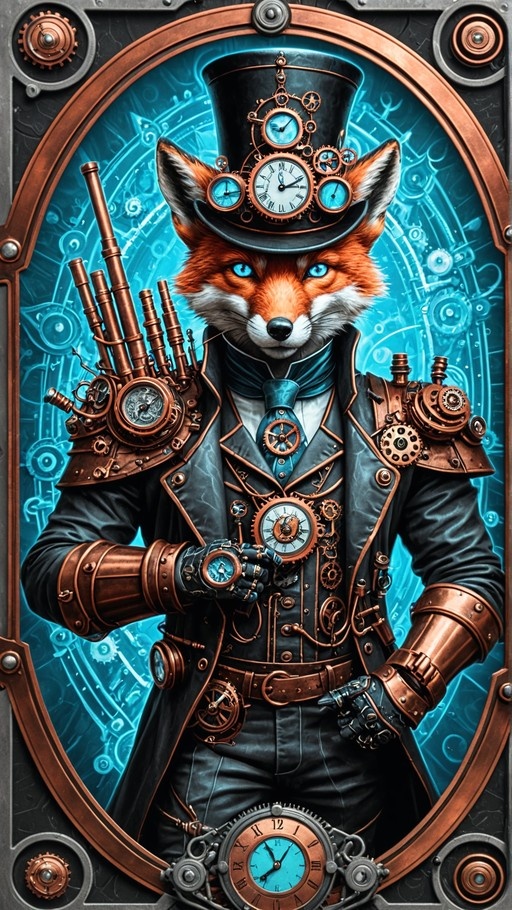 An anthropomorphic red fox wearing a steampunk top hat with clocks and gears, mechanical gauntlets, and a formal coat against a blue machinery background.