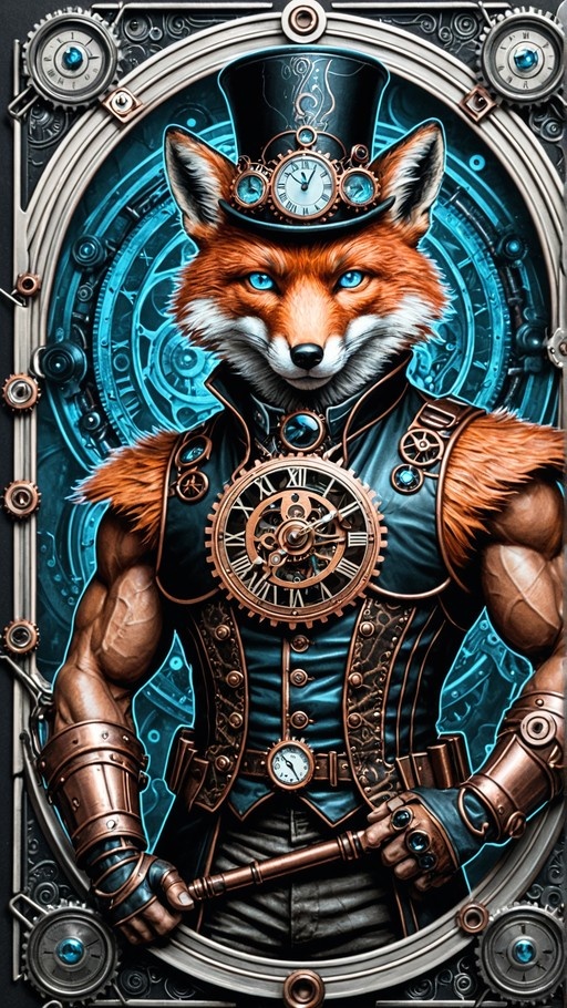 A muscular anthropomorphic red fox with blue eyes wearing a steampunk top hat with gears and holding a cane against a background of clockwork mechanisms.