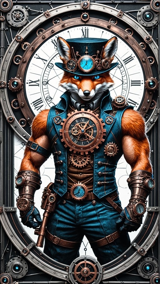 A muscular orange fox with blue eyes wearing a teal steampunk vest and top hat stands in front of a large clock face holding a brass key.